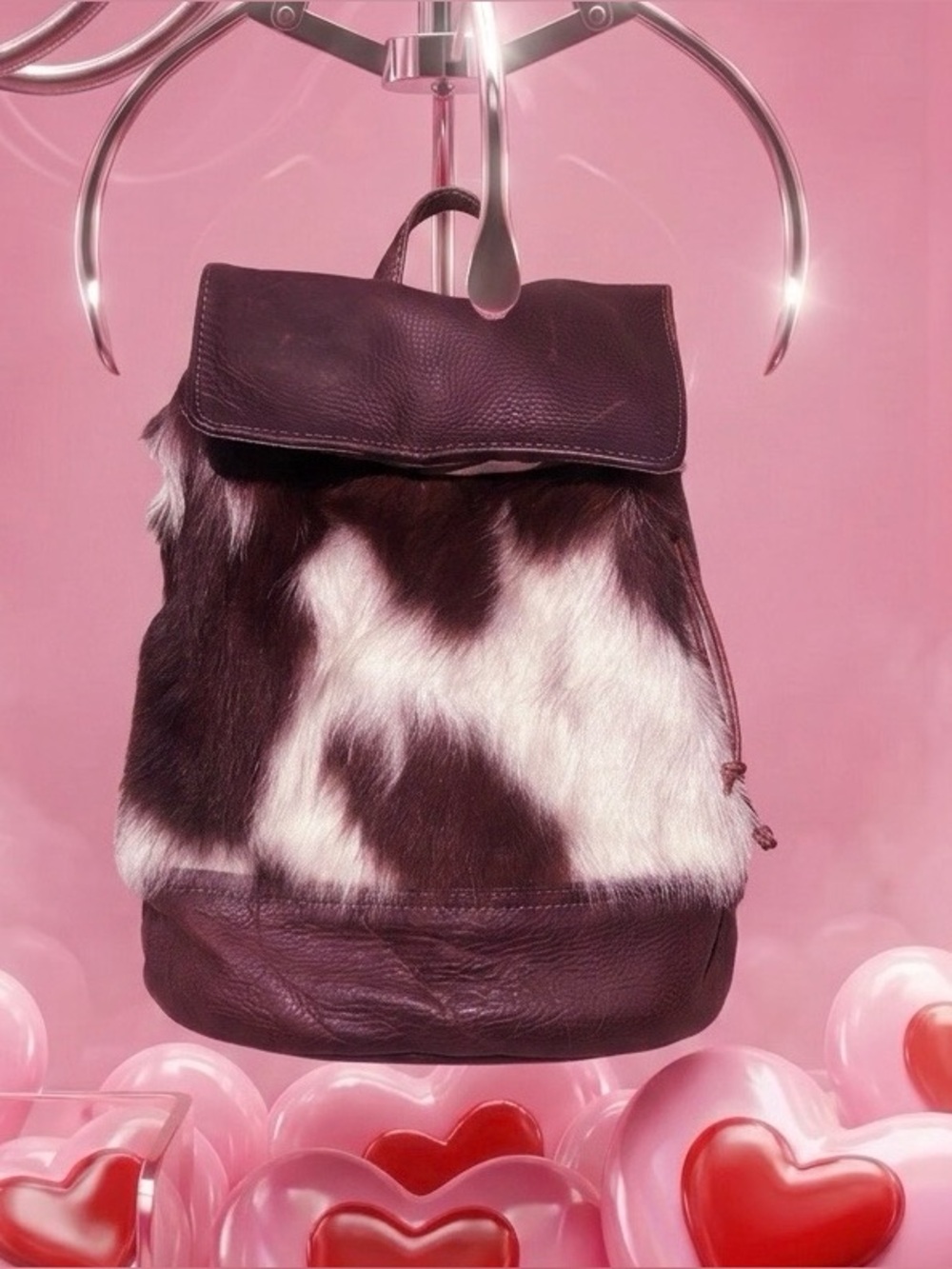 Haircalf & Leather Backpack in Brown and White